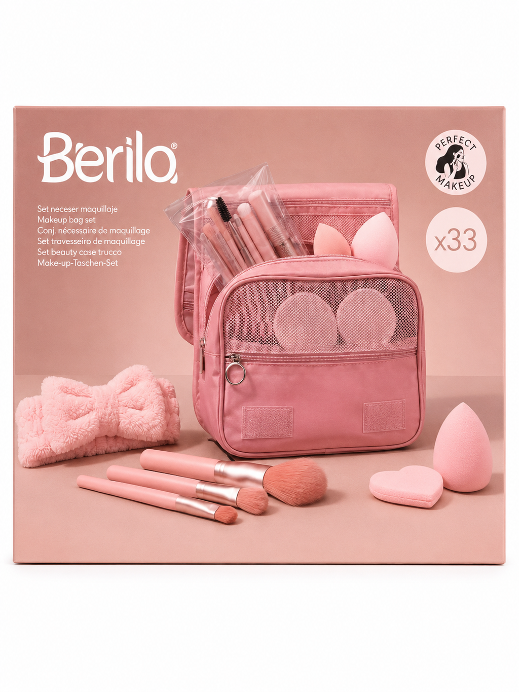 Set de Maquillaje 33 Piezas con Neceser – Brochas, Esponjas y Accesorios Rosa