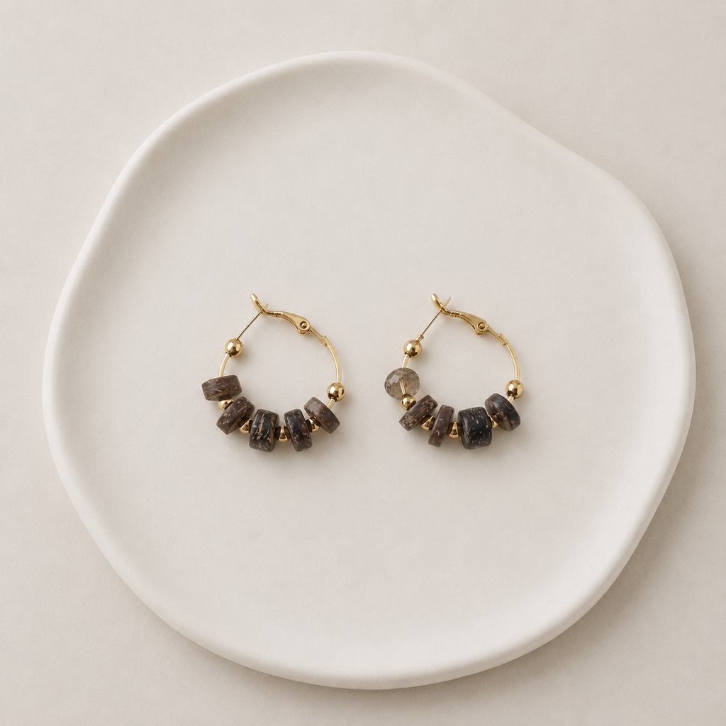 Pendientes Aro con Cuentas Naturales de Acero Inoxidable Dorados